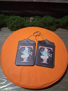 Monogram 'T' Floral Luggage Tag Pair - Black with Pink & Blue